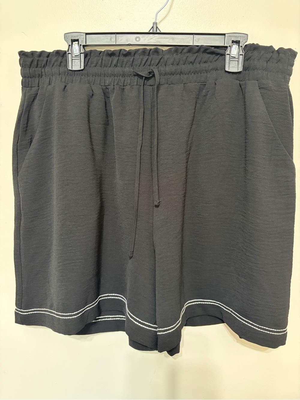 Adrianna Papell Black Drawstring Knit Shorts with White Hem Stitch